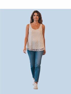 LC Lauren Conrad cream front beaded Lace Overlay Tank Top. SMALL polyester